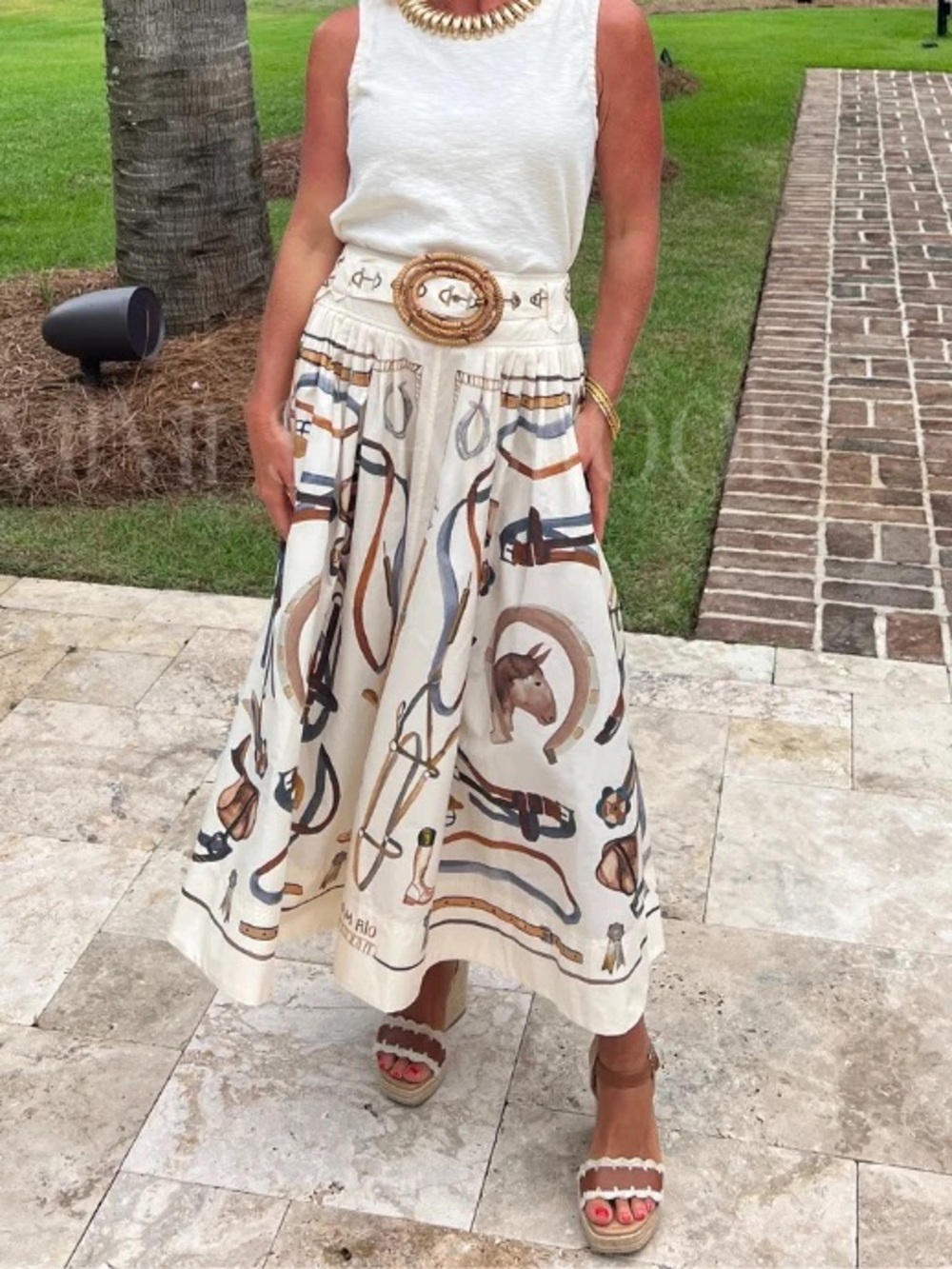 Farm Rio Off-White Equestrian Scarf Belted Midi Skirt